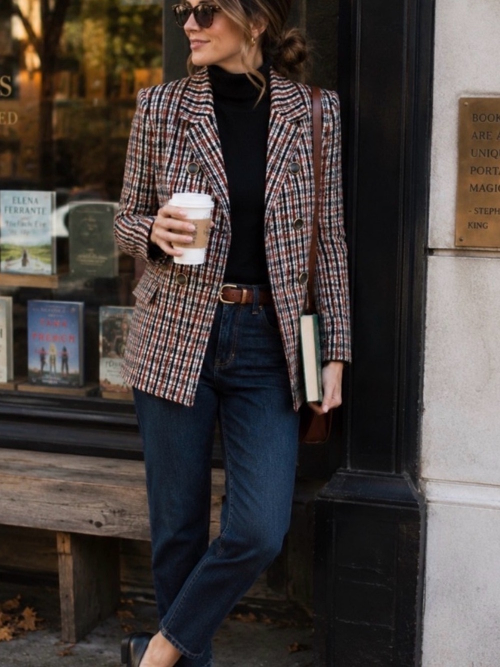 Cabi Jazzy Jacket featuring a structured toffee plaid pattern